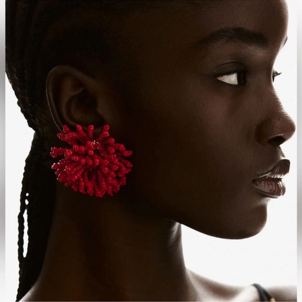 Red Beaded Statement Earrings - Picture 2 of 3